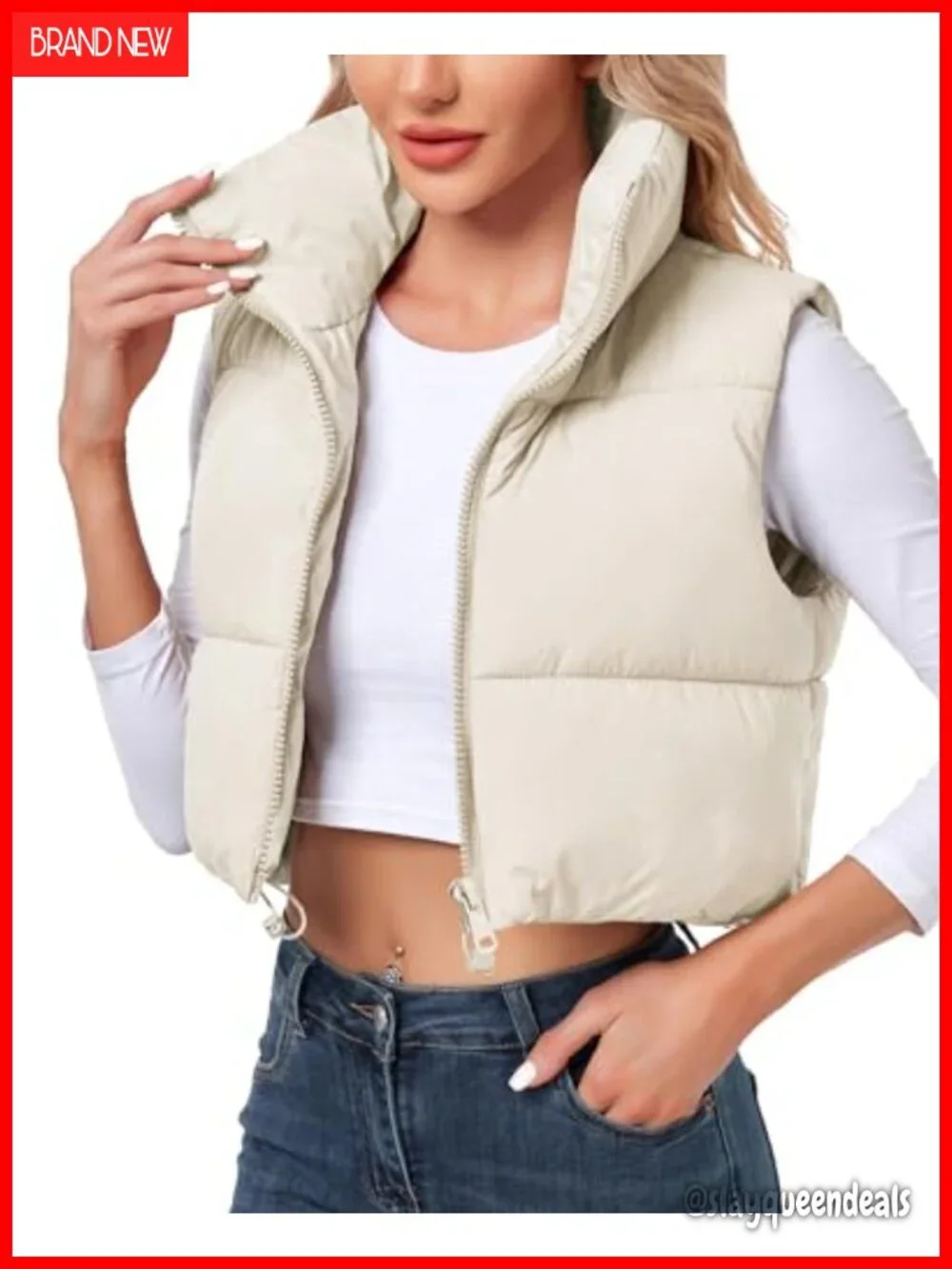 Cropped Puffer Vest Stand Collar Zip Up Sleeveless Insulated Winter Outerwear